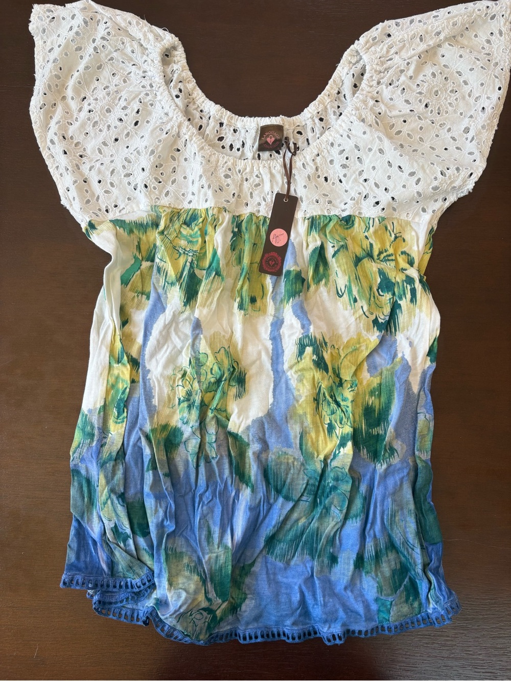Language White Eyelet Top with Blue and Yellow Floral Print